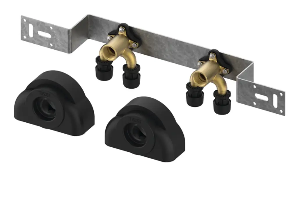 Montageeinheit von TECE mit zwei U-Doppelwandscheiben, einer metallischen Halterung und Anschlüssen für die Verbindung. Produktelemente sind schwarz und verchromt.